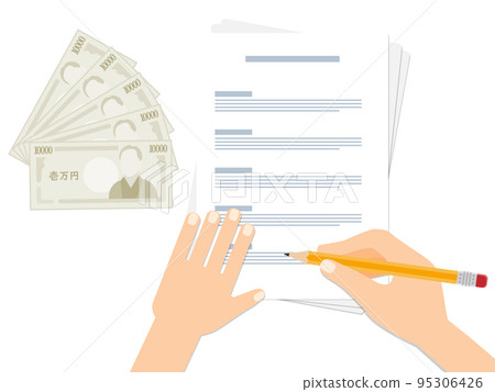 Hands and money filling out paperwork 95306426