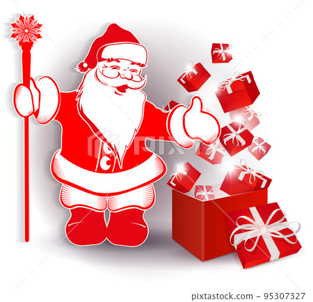 Santa Claus and red shade box with white bow, isolated design element 95307327