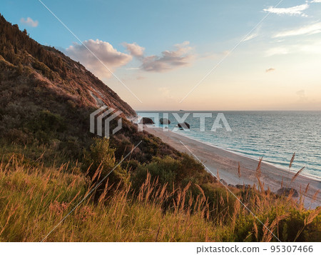 Beach Megali Petra in sunset Lefkada island Greece 95307466