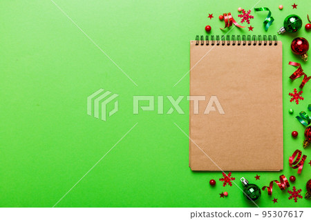 Christmas blank greeting card mock-up scene. Creative layout made of Christmas toy and paper card note. Flat lay. Nature New Year concept Christmas blank greeting card mock-up scene. Creative layout made of Christmas toy and paper card note. Flat lay. Nature New Year concept 95307617