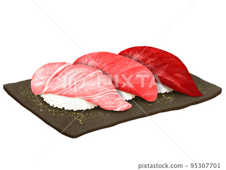 Assortment of 3 types of tuna nigiri sushi 95307701
