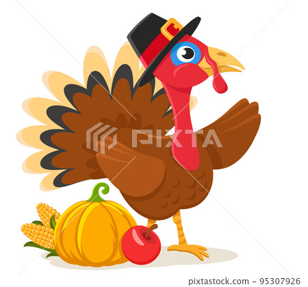 Turkey bird with pumpkin and corn shows a place for text. Thanksgiving day Turkey bird with pumpkin and corn shows a place for text. Thanksgiving day 95307926