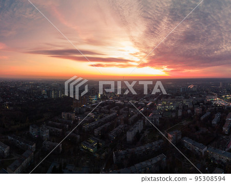 Aerial view at sunset, Kharkiv city center streets Aerial view at sunset, Kharkiv city center streets 95308594