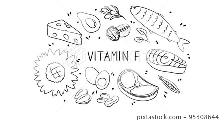 Vitamin F linoleic linolenic Acid. Groups of healthy products containing vitamins. Set of fruits, vegetables, meats, fish and dairy Vitamin F linoleic linolenic Acid. Groups of healthy products containing vitamins. Set of fruits, vegetables, meats, fish and dairy 95308644