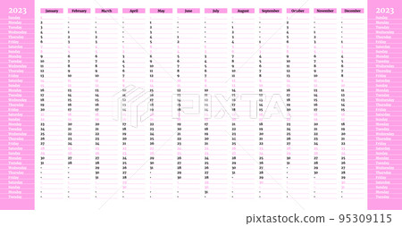 Simple pink linear calendar yearly planner template for 2023 with vertical month grid and highlighted weekends 95309115