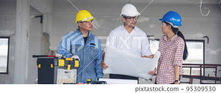 Banner Civil construction engineer team meeting on construction site with partner teamwork trust team consult together. Panorama image engineer team discuss wear hard hat construction engineer concept Banner Civil construction engineer team meeting on construction site with partner teamwork trust team consult together. Panorama image engineer team discuss wear hard hat construction engineer concept 95309530