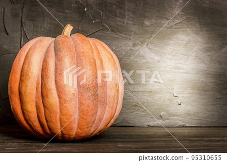 Orange pumpkin on a dark background. Harvest, Halloween. 95310655