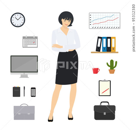 Young business woman and office accessories. Cartoon flat style Young business woman and office accessories. Cartoon flat style 95312380