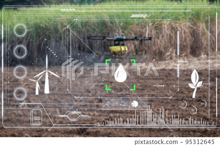 Smart farmer working by agricultural drone, spraying drone fertilizing 95312645