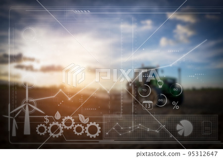 Blurry agricultural machine workings in big farm, smart farming 95312647