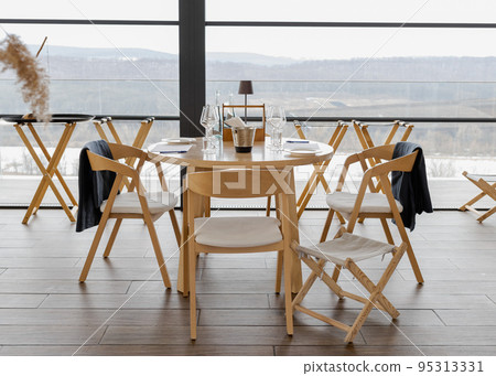 Set of glasses for two sommeliers at restaurant table for wine tasting Set of glasses for two sommeliers at restaurant table for wine tasting 95313331