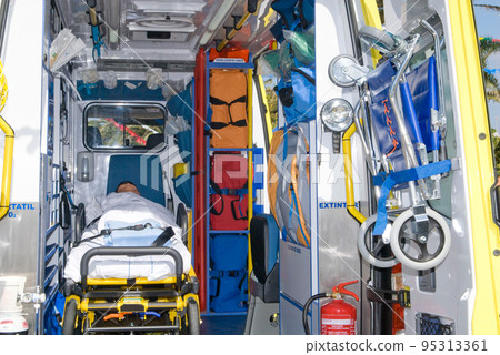 ambulance perfectly equipped with emergency equipment and dummy for first aid practices ambulance perfectly equipped with emergency equipment and dummy for first aid practices 95313361