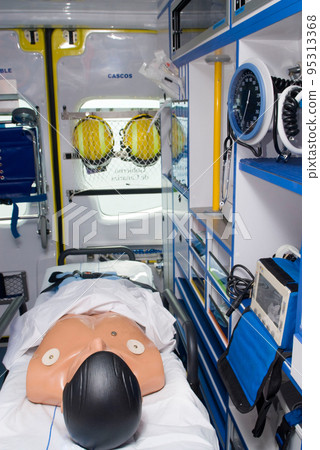 ambulance perfectly equipped with emergency equipment and dummy for first aid practices ambulance perfectly equipped with emergency equipment and dummy for first aid practices 95313368