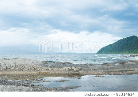 coastal landscape  with beautiful columnar basalt cliff on the wooded coast of Kunashir island 95314634