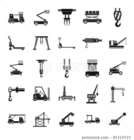 Lifting machine equipment icons set. Simple illustration of 25 lifting machine equipment cargo vector icons for web 95314725