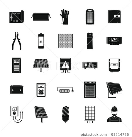 Solar energy equipment icons set. Simple illustration of 25 solar energy equipment cargo vector icons for web 95314726