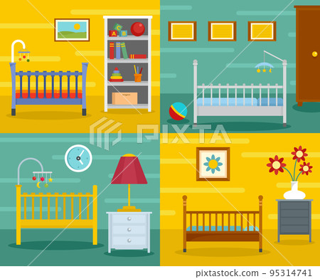 Baby crib cradle bed banner concept set. Flat illustration of 4 baby crib cradle bed vector banner horizontal concepts for web 95314741