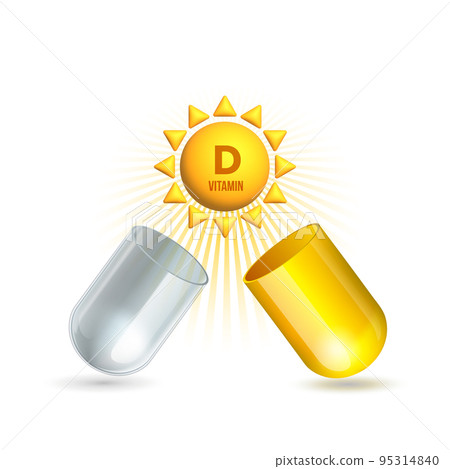 Vitamin D Icon on bright yellow Sun flying from white and yellow medicine Capsule. Vitamin D Icon on bright yellow Sun flying from white and yellow medicine Capsule. 95314840