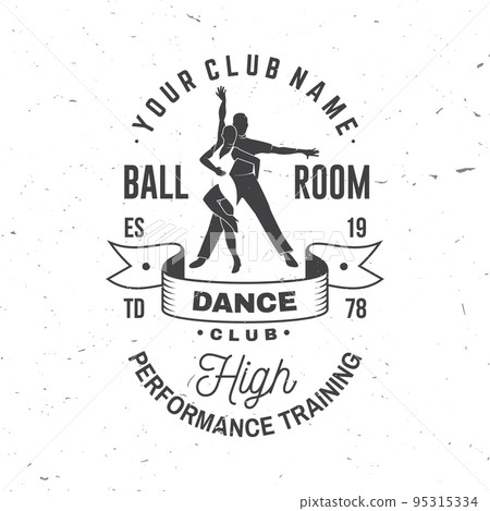 Ballroom dance sport club logo, badge design. Concept for shirt or logo, print, stamp or tee. Dance sport sticker with shoes for ballroom dancing silhouette. Vector illustration. Ballroom dance sport club logo, badge design. Concept for shirt or logo, print, stamp or tee. Dance sport sticker with shoes for ballroom dancing silhouette. Vector illustration. 95315334