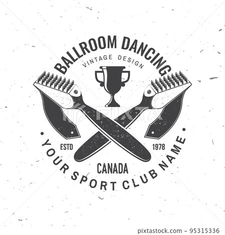 Ballroom dance sport club logo, badge design. Concept for shirt or logo, print, stamp or tee. Dance sport sticker with shoe brush for ballroom shoes silhouette. Vector illustration. Ballroom dance sport club logo, badge design. Concept for shirt or logo, print, stamp or tee. Dance sport sticker with shoe brush for ballroom shoes silhouette. Vector illustration. 95315336