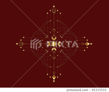 Golden Cross, Sacred Geometry, mystical arrows and crescent moon, gold dotted lines in boho style, wiccan icon, alchemy esoteric mystical magic talisman. Spiritual occultism vector isolated on red Golden Cross, Sacred Geometry, mystical arrows and crescent moon, gold dotted lines in boho style, wiccan icon, alchemy esoteric mystical magic talisman. Spiritual occultism vector isolated on red 95315533