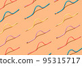 Pastel multi colored pencils in pattern on brown background. 95315717