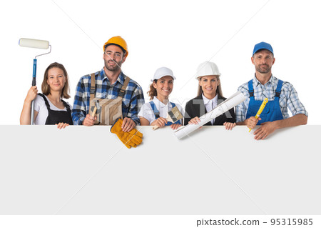 Group of industrial workers with banner 95315985