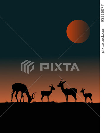 Four deer silhouettes on a hill with sunset in the background. Four deer silhouettes on a hill with sunset in the background. 95316077