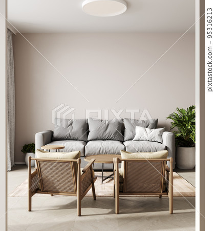 Mock up wall in modern interior background, neutral wooden living room with dried plant and home decor, 3d render Mock up wall in modern interior background, neutral wooden living room with dried plant and home decor, 3d render 95316213
