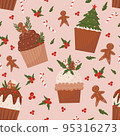 Christmas seamless pattern with cupcakes and gingerbread, lollipops with sticks and red berries on pink background. 95316273