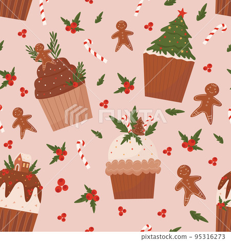 Christmas seamless pattern with cupcakes and gingerbread, lollipops with sticks and red berries on pink background. Christmas seamless pattern with cupcakes and gingerbread, lollipops with sticks and red berries on pink background. 95316273