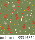 Vector Merry Christmas seamless pattern. Christmas, sweets, candy canes, stars, snowflakes, bells and pine cones on green background. 95316274