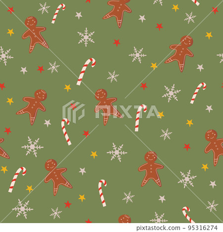 Vector Merry Christmas seamless pattern. Christmas, sweets, candy canes, stars, snowflakes, bells and pine cones on green background. Vector Merry Christmas seamless pattern. Christmas, sweets, candy canes, stars, snowflakes, bells and pine cones on green background. 95316274