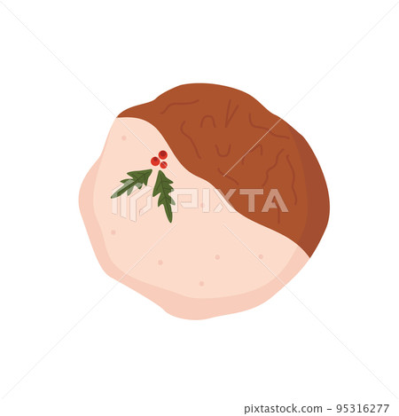 Christmas cake with festive decoration. Baked sponge dessert with Xmas stick, gingerbread house, firs, berries. Winter holiday pie. New Year food. Flat vector illustration isolated on white background 95316277