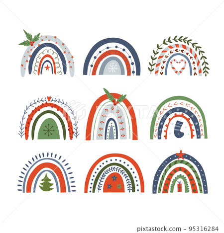 Christmas rainbow vector set. holidays decor. Rainbow for party. Flat cartoon style. Isolated on white background. Stickers with christmas. 95316284