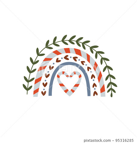 Christmas rainbow vector in red and blue color with leaf. Christmas holidays decor. Rainbow for children party. Doodle cartoon style. Isolated on white background. Christmas rainbow vector in red and blue color with leaf. Christmas holidays decor. Rainbow for children party. Doodle cartoon style. Isolated on white background. 95316285