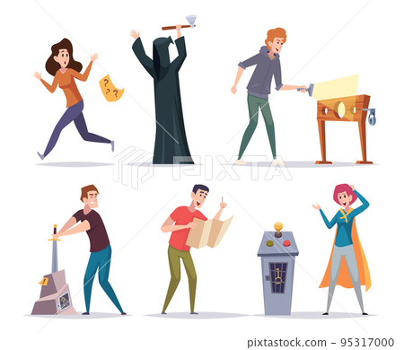 Quest games. Various situations and characters players in quest room exact vector cartoon templates Quest games. Various situations and characters players in quest room exact vector cartoon templates 95317000