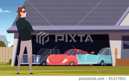 Art collector. Interesting hobby of collecting different stuff money minifigures coins cards stamps exact vector cartoon concept background Art collector. Interesting hobby of collecting different stuff money minifigures coins cards stamps exact vector cartoon concept background 95317001