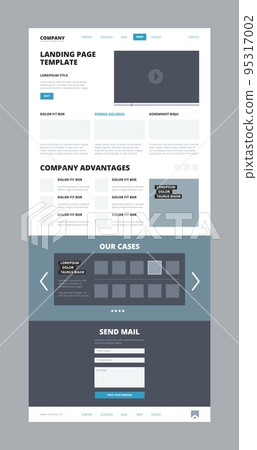Website landing structure. Footer and header page template with contact blog news videos options scheme websites wireframe vector design Website landing structure. Footer and header page template with contact blog news videos options scheme websites wireframe vector design 95317002