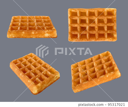 Viennese waffles. Delicious baking food square forms crispy scattered waffles decent vector realistic templates of dessert products 95317021