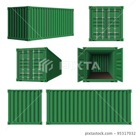 Steel containers. Realistic cargo cage shipping steel containers decent vector template collection Steel containers. Realistic cargo cage shipping steel containers decent vector template collection 95317032