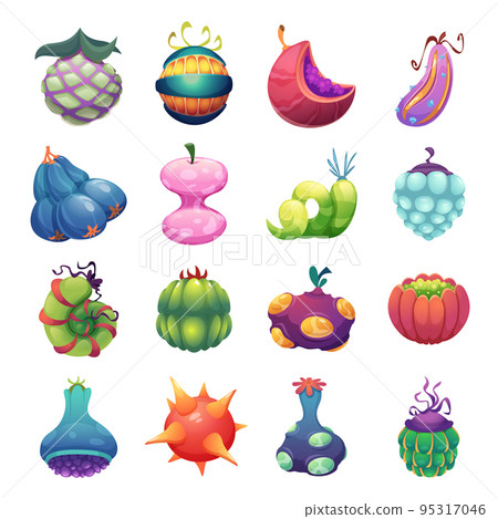 Fairytale plants. Decorative fantasy fruits and vegetables comic colored illustrations exact vector templates 95317046