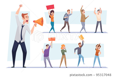 Protested people. Strike crowd with banners holding demonstration placard exact vector cartoon illustrations set 95317048