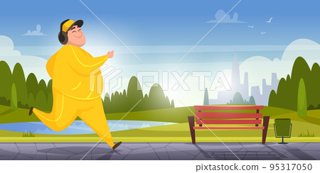 Fat sport people. Fitness daily activity of fat persons exact vector cartoon background 95317050