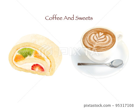 水果和鮮奶油卷蛋糕和拿鐵咖啡的白色背景插圖 — 手繪材料 95317108