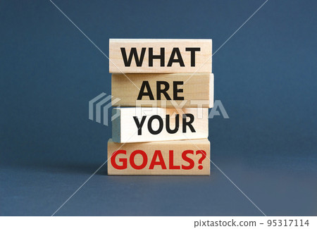 What are your goals symbol. Concept words What are your goals on wooden blocks. Beautiful grey table grey background. Business, psychological what are your goals concept. Copy space. 95317114