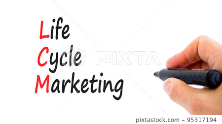 LCM lifecycle marketing symbol. Concept words LCM lifecycle marketing on a beautiful white background. Businessman hand. Business LCM lifecycle marketing concept. Copy space. LCM lifecycle marketing symbol. Concept words LCM lifecycle marketing on a beautiful white background. Businessman hand. Business LCM lifecycle marketing concept. Copy space. 95317194