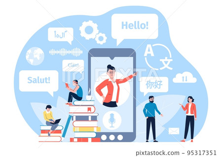 Device translator and dictionary app. Digital translations service for study or business. Online language translators with voice support, recent smart vector scene 95317351