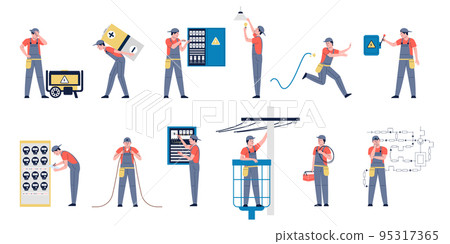 Electricity workers work with transformer, maintenance energy objects. Electrical safety, technician electrician man and power supply. Recent service vector characters Electricity workers work with transformer, maintenance energy objects. Electrical safety, technician electrician man and power supply. Recent service vector characters 95317365
