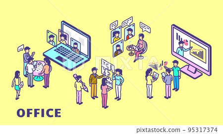 Colorful office characters, isometric business workers and education. Online meeting, teamwork and workflow process. Vector video conference concept 95317374